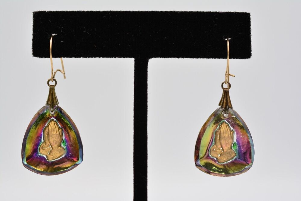 Vintage Dangle Earrings Praying Jesus Hands Watermelon Crystal Lucite BinAB